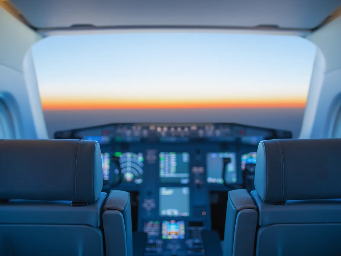 Airliner flight deck at dusk