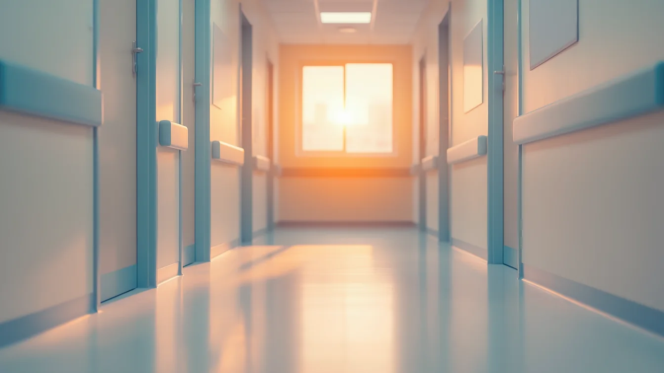 Heller, ruhiger Klinikflur im Tageslicht