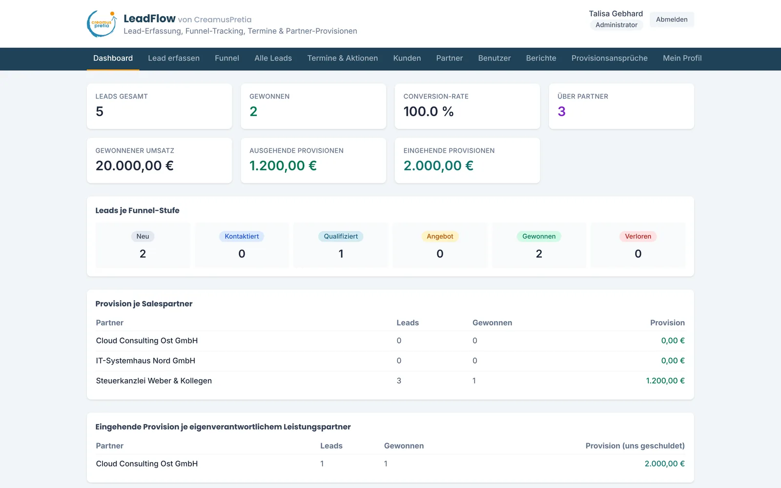 LeadFlow dashboard with key figures and partner commissions