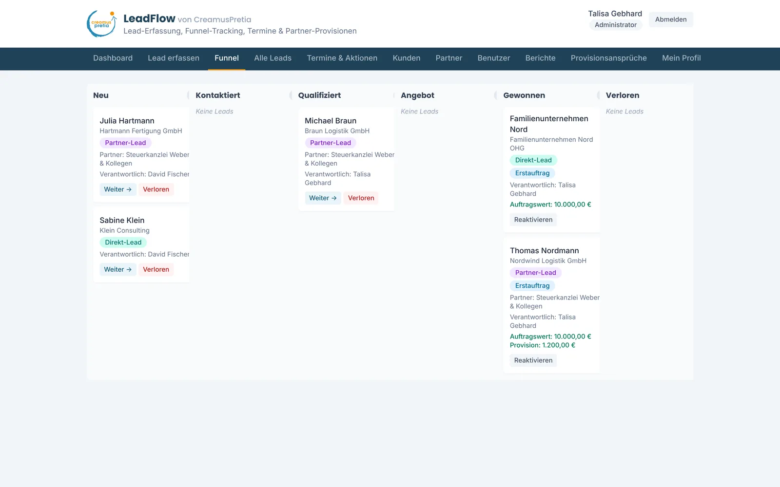 LeadFlow funnel board with demo leads by stage