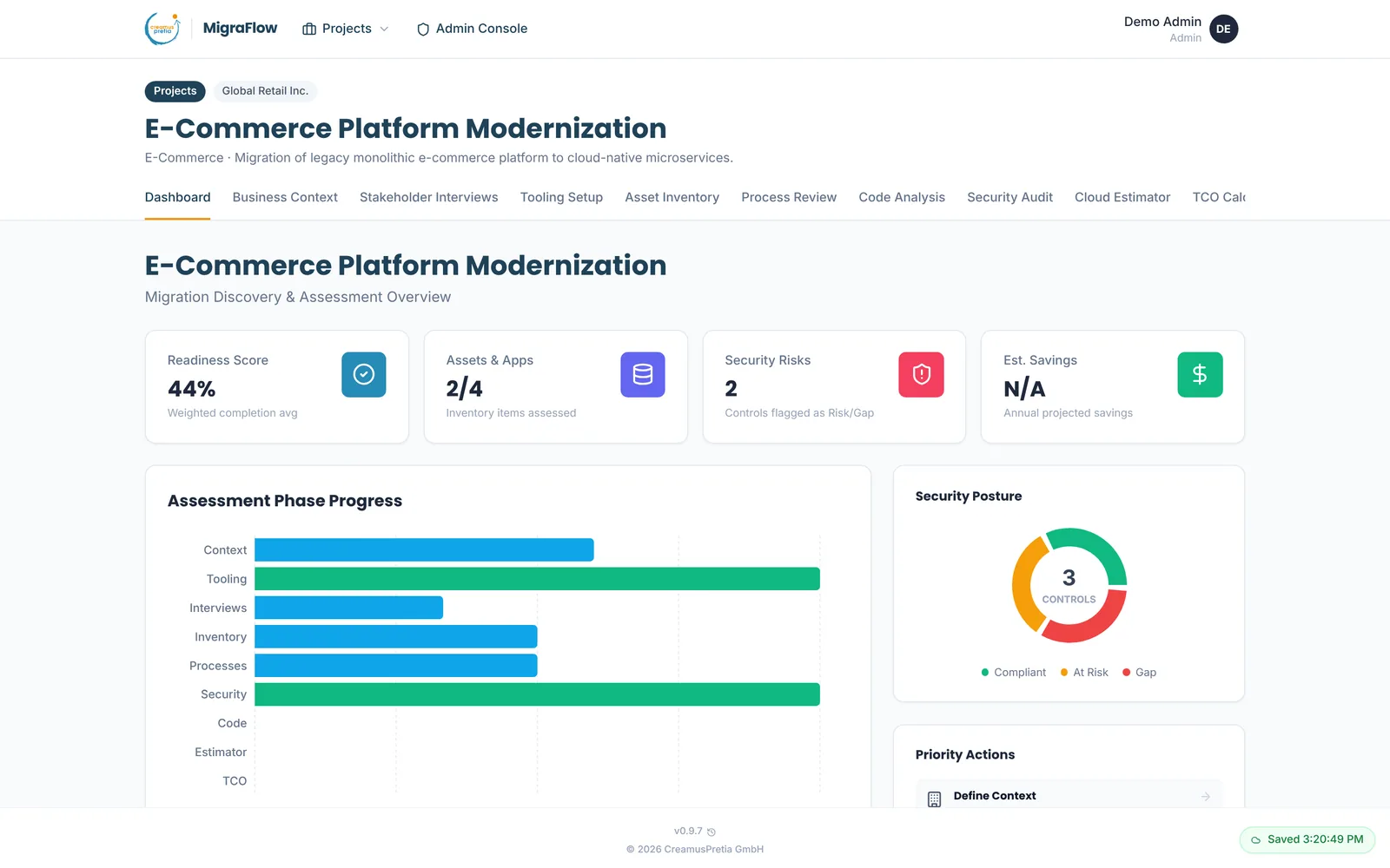 MigraFlow dashboard for a demo project, showing progress per assessment phase and security posture