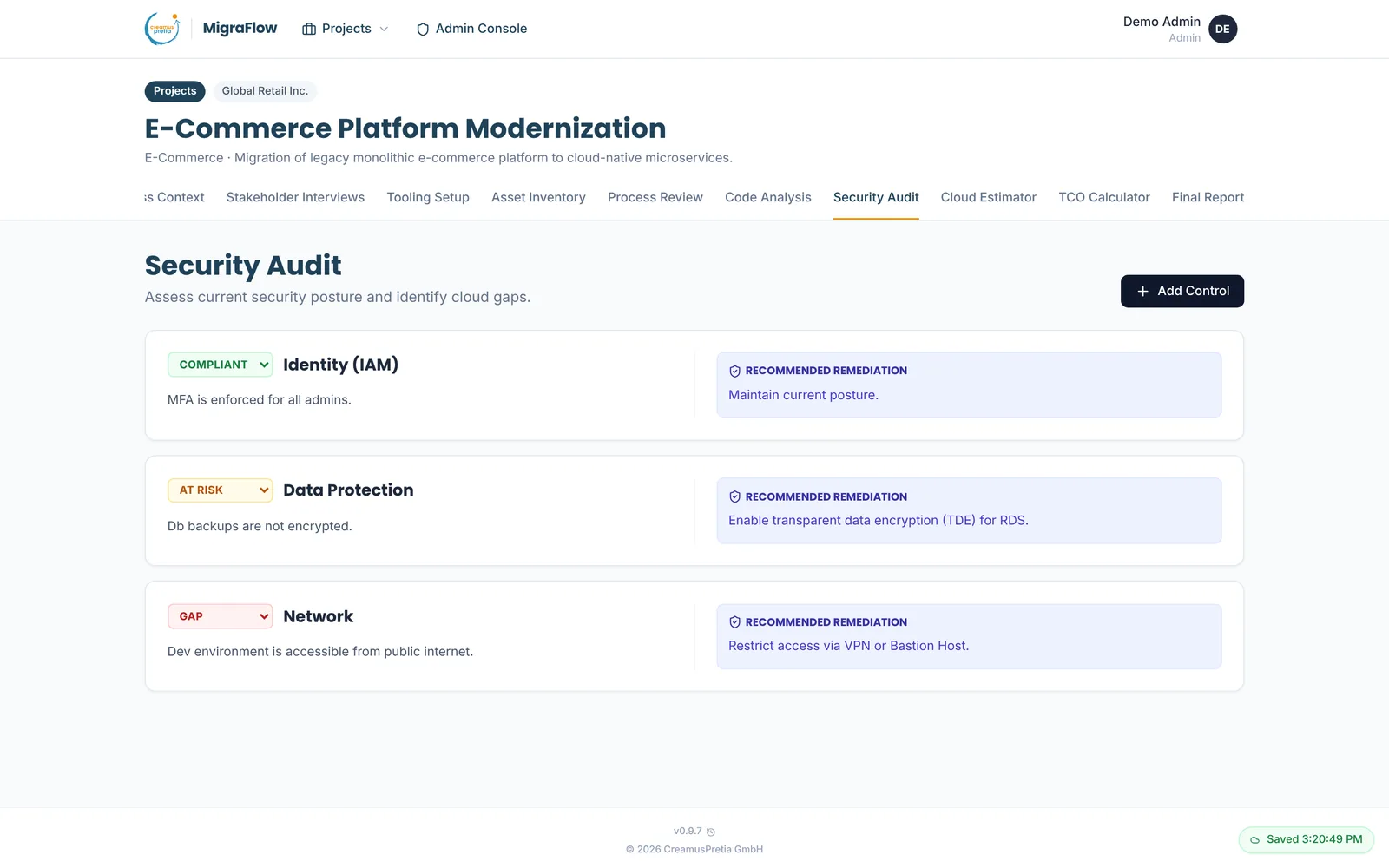 MigraFlow security audit with rated controls and recommendations