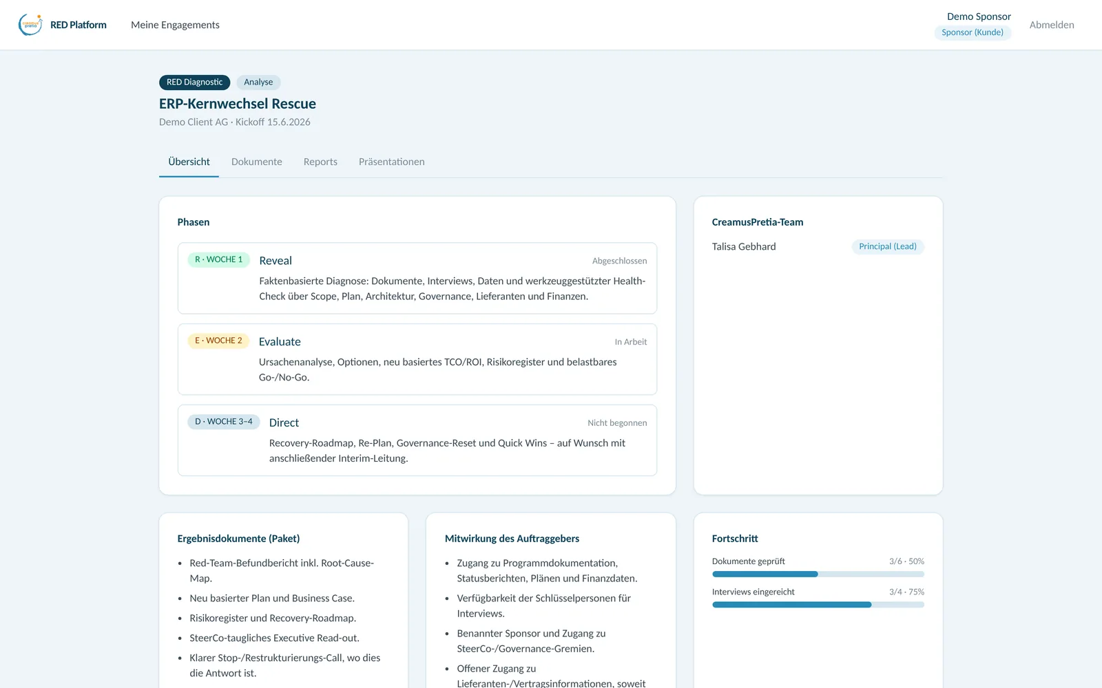 rescueRED client portal showing the status of each RED phase